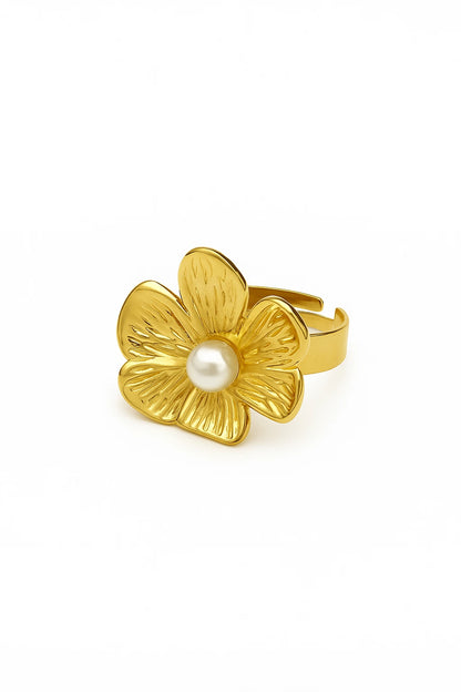Golden Flower Ring with Pearl
