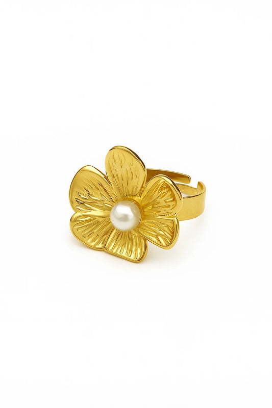 Golden Flower Ring with Pearl