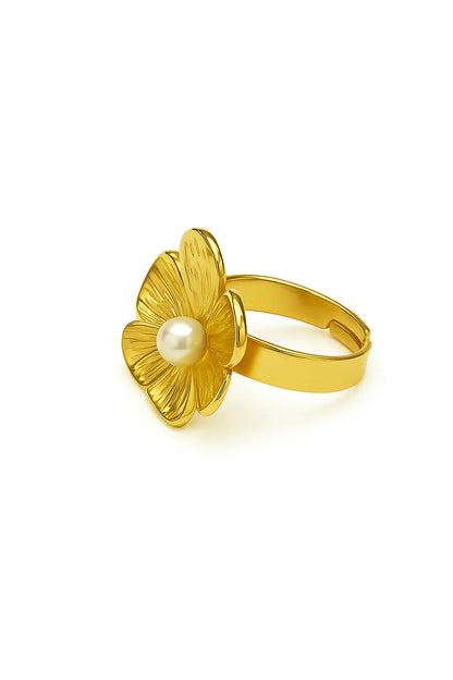 Golden Flower Ring with Pearl