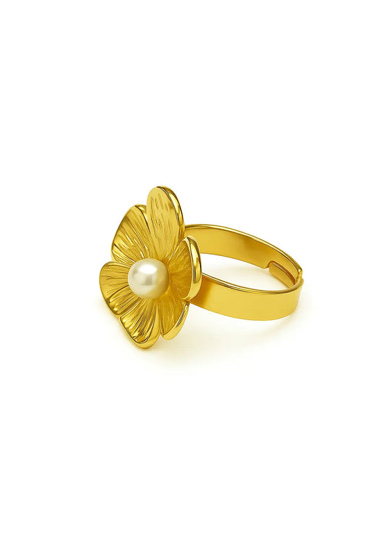 Golden Flower Ring with Pearl