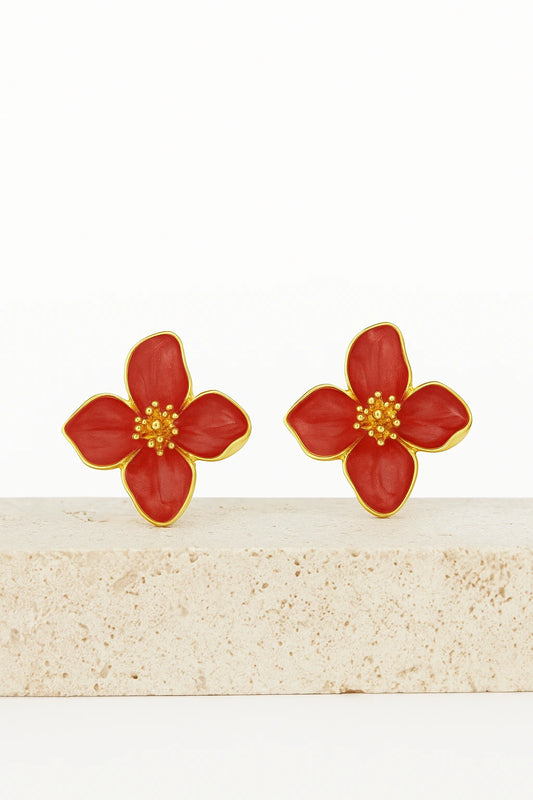Red Enamel Flower Earring